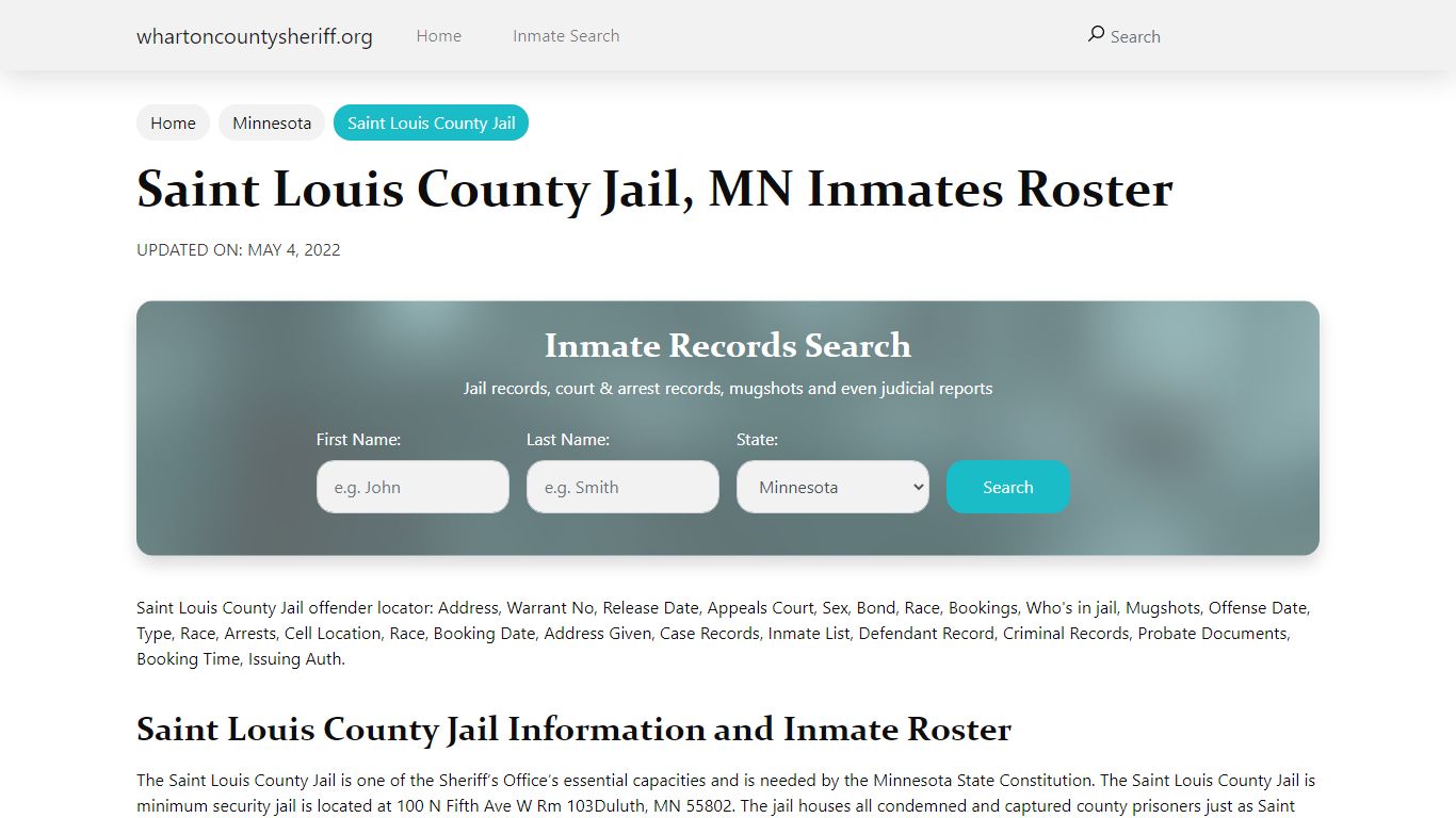 Saint Louis County Jail, MN Jail Roster, Name Search